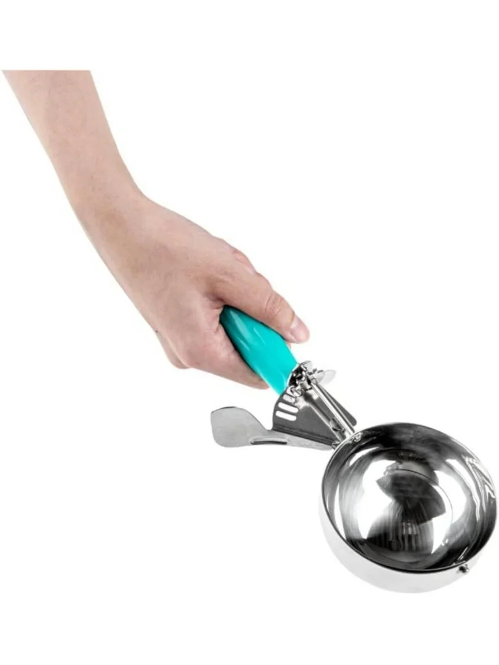 Stainless Steel Portion Scoop with Trigger Release - 6.5 oz, Teal Handle for